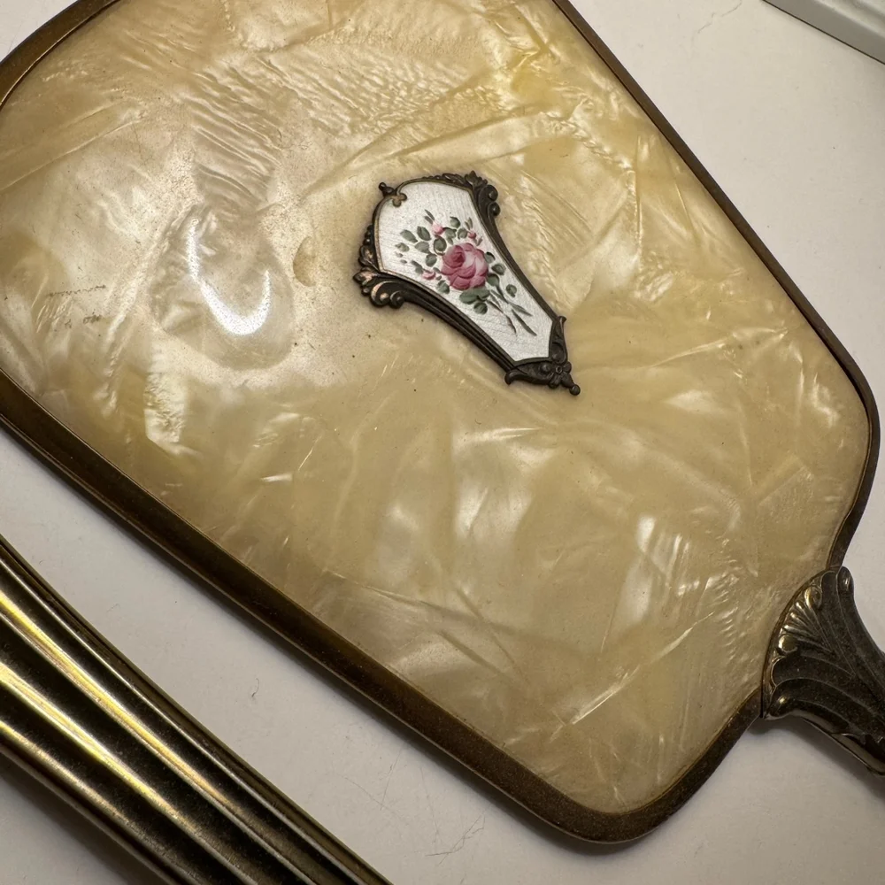 Vintage Hand Mirror & Brush Vanity Set, Art Deco Noveau Pearlescent Floral